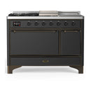 ILVE Majestic III 48-inch Dual Fuel Range with 5 Natural Gas Burner, Griddle, French Top and Solid Door Electric Oven in Graphite Matte with Burnished Trim (UM48FSQNR3MGB)