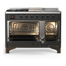 ILVE Majestic III 48-inch Dual Fuel Range with 5 Natural Gas Burner, Griddle, French Top and Solid Door Electric Oven in Graphite Matte with Burnished Trim (UM48FSQNR3MGB)