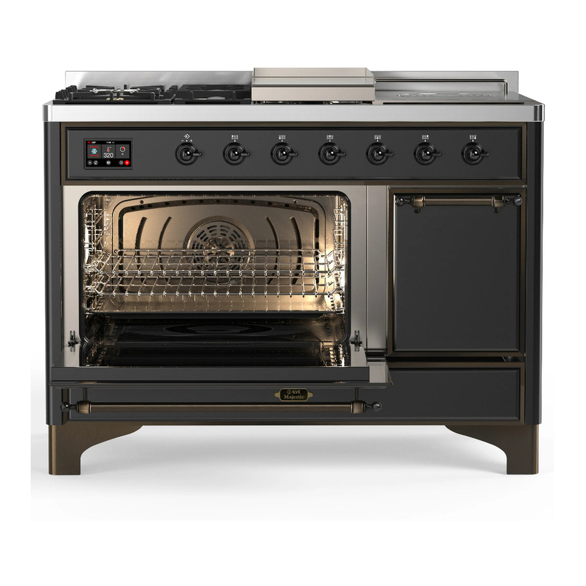 Graphite matte dual fuel range with one oven open and the other door closed, front knobs.