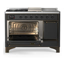 ILVE Majestic III 48-inch Dual Fuel Range with 5 Liquid Propane Burner, Griddle, French Top and Solid Door Electric Oven in Graphite Matte with Burnished Trim (UM48FSQNR3MGBLP)