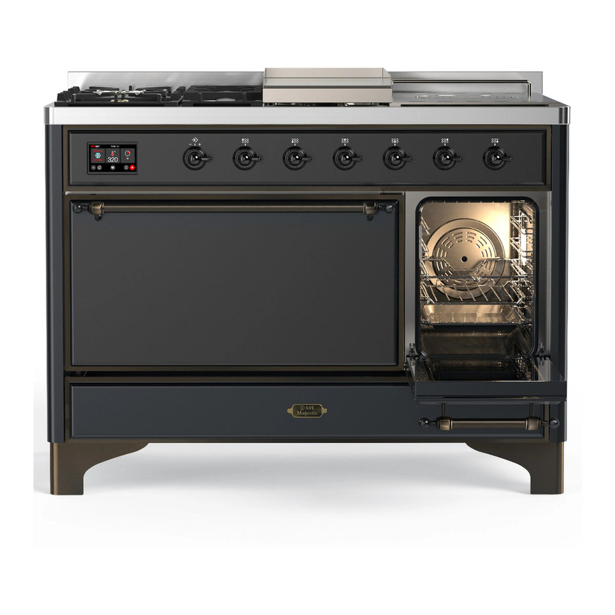 Graphite matte dual fuel range with left oven door closed and right oven open, interior racks.