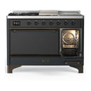 ILVE Majestic III 48-inch Dual Fuel Range with 5 Liquid Propane Burner, Griddle, French Top and Solid Door Electric Oven in Graphite Matte with Burnished Trim (UM48FSQNR3MGBLP)