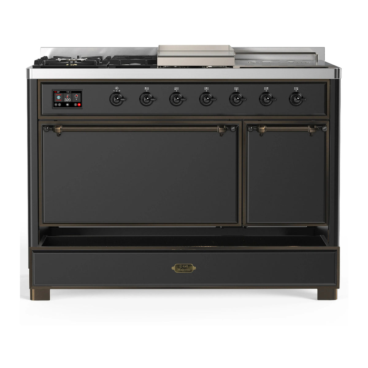 Graphite matte dual fuel range with both oven doors closed and front burner control knobs.