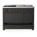 ILVE Majestic III 48-inch Dual Fuel Range with 5 Liquid Propane Burner, Griddle, French Top and Solid Door Electric Oven in Graphite Matte with Burnished Trim (UM48FSQNR3MGBLP)