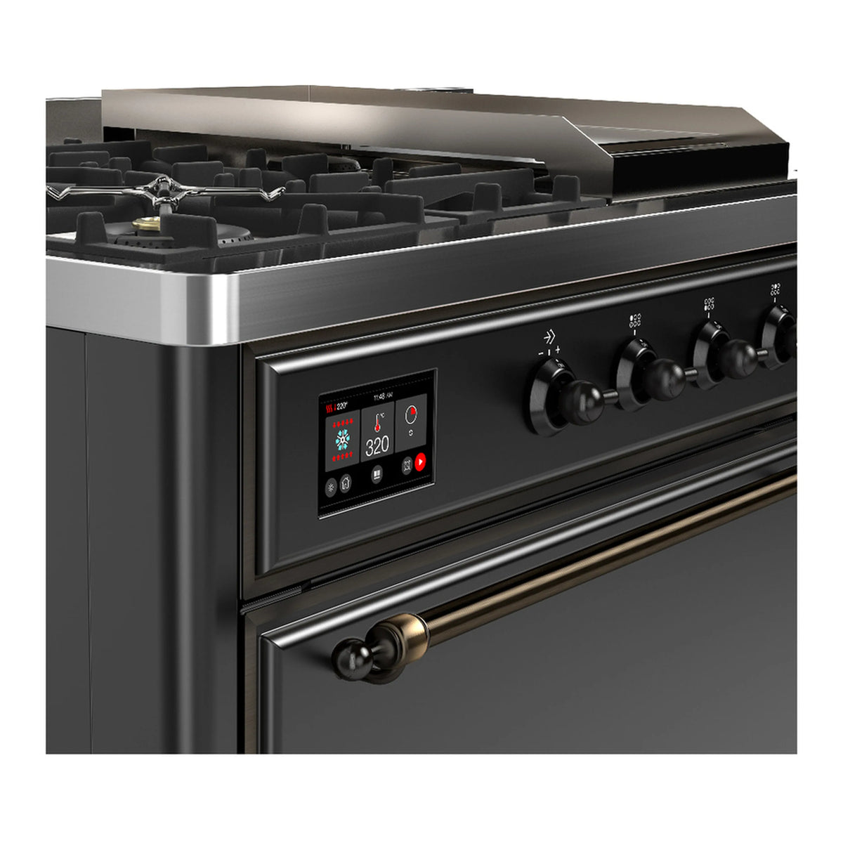 Dual fuel range control panel with digital display, burner knobs, and stainless trim edge.