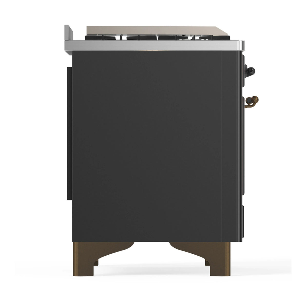 Graphite matte dual fuel range side view with black control area and metallic trim edges.
