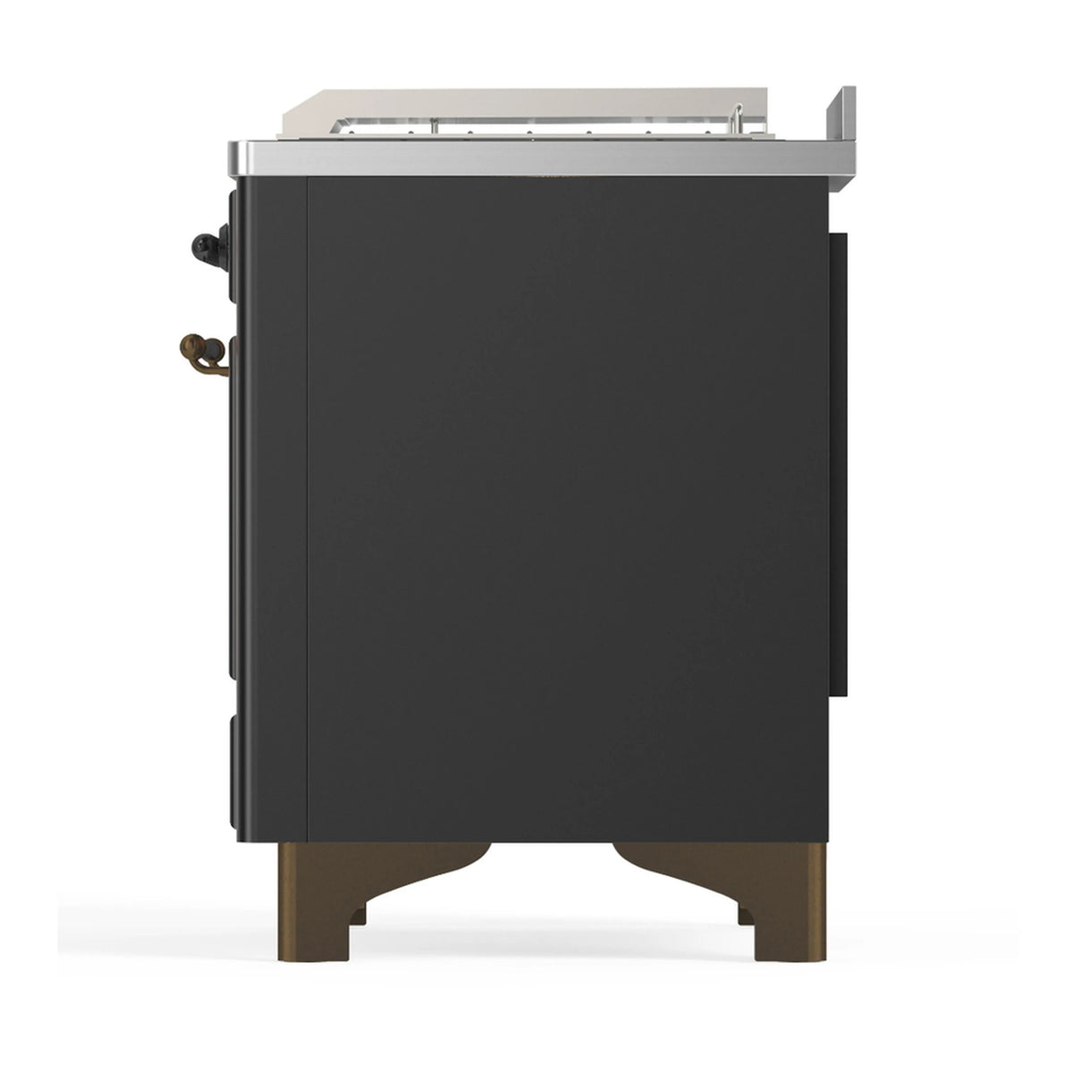 Graphite matte dual fuel range side view with side service panels and metallic trim base.
