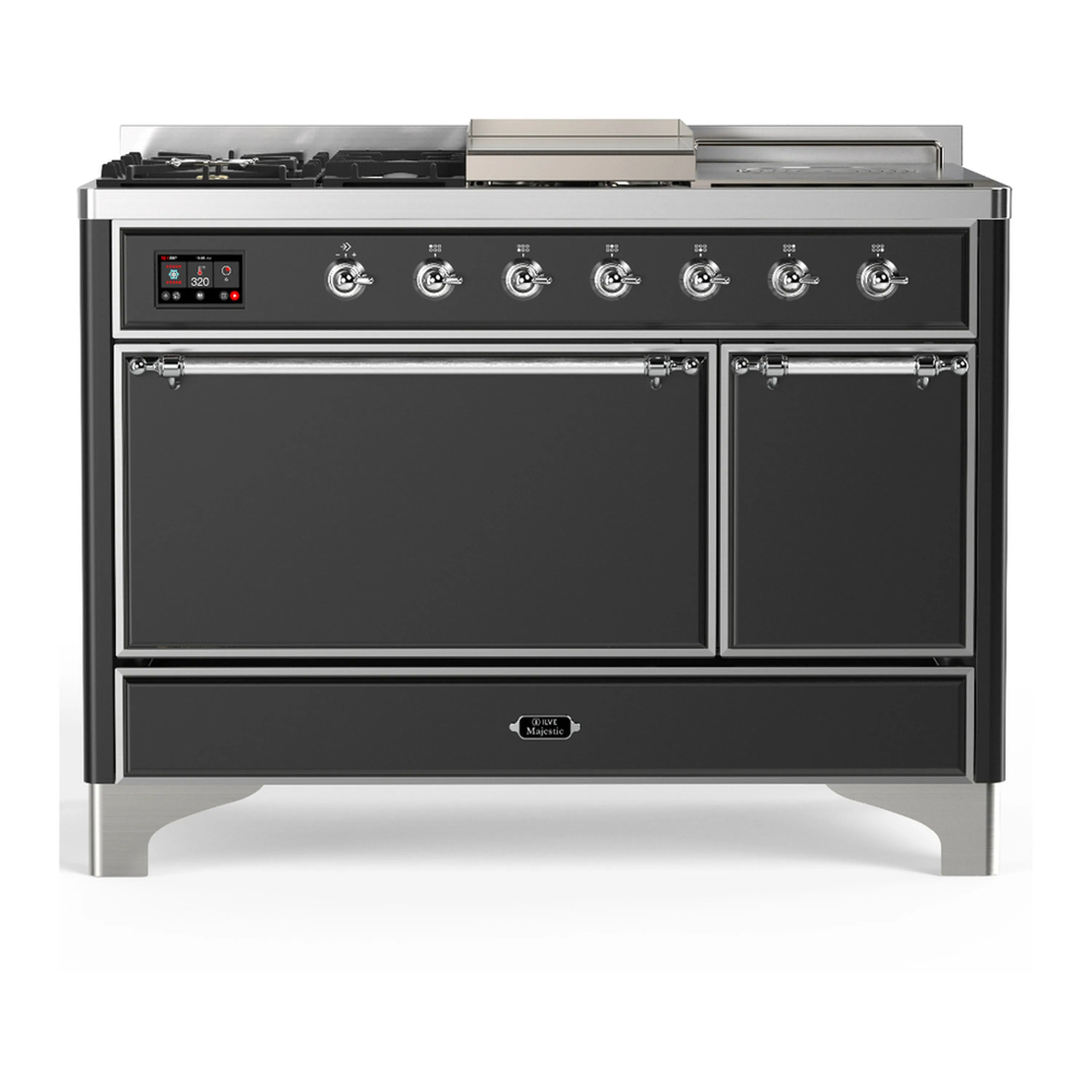 Graphite matte dual fuel range front view with closed oven doors and knob controls