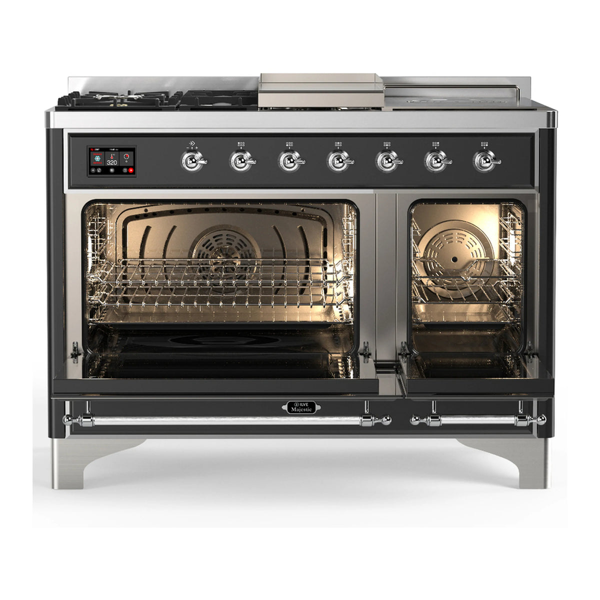 Graphite matte dual fuel range with two open oven doors and chrome trim