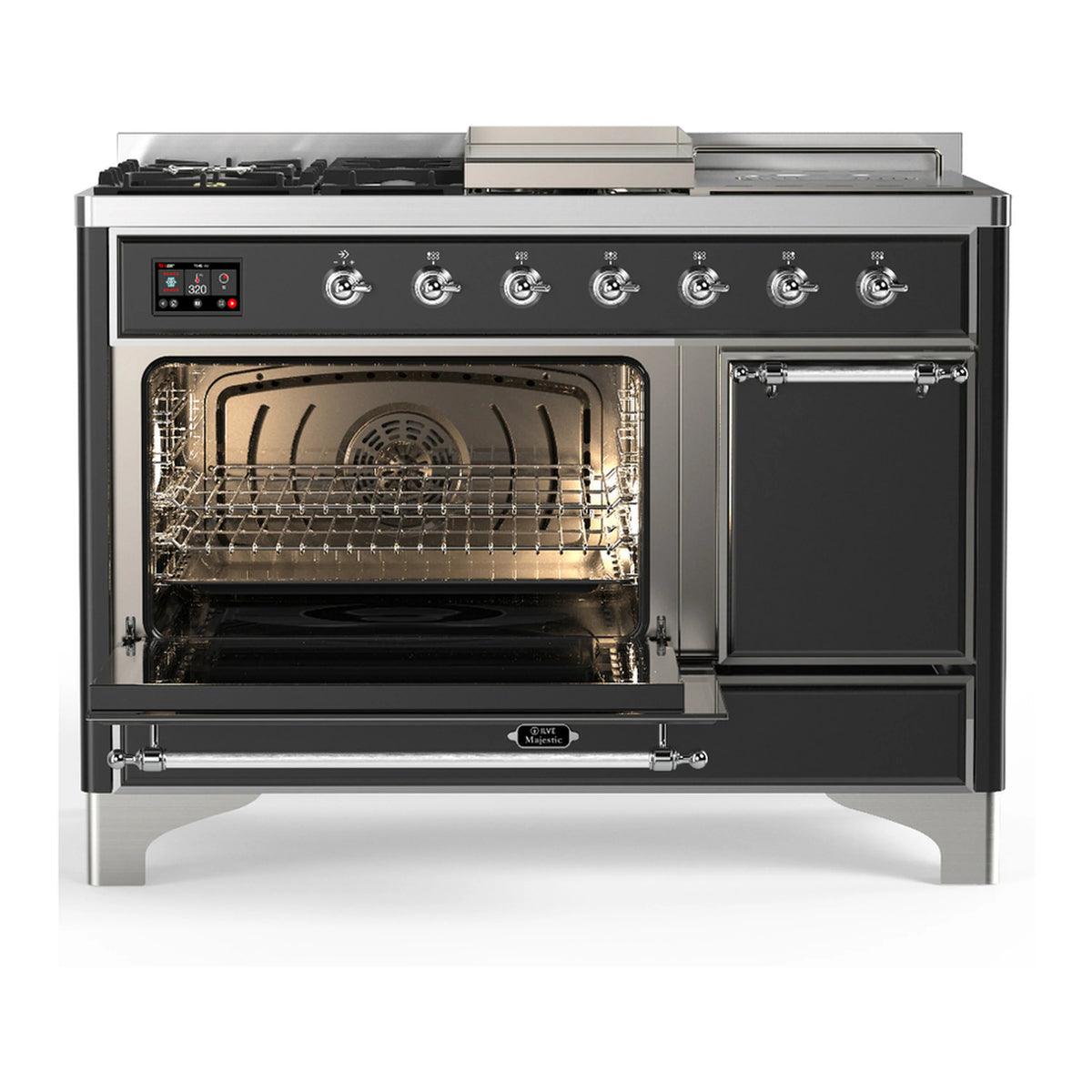 Graphite matte dual fuel range with one open oven door and chrome trim
