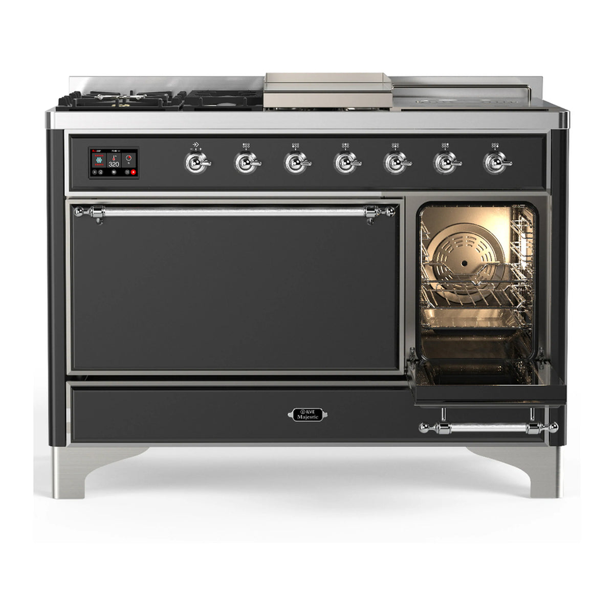 Graphite matte dual fuel range with open oven door showing interior racks