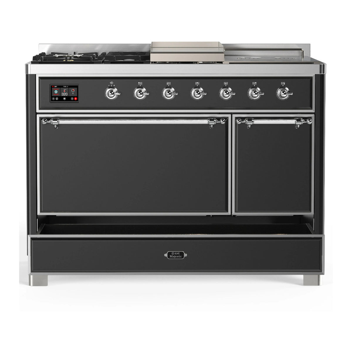 Graphite matte dual fuel range with two closed oven doors and chrome trim