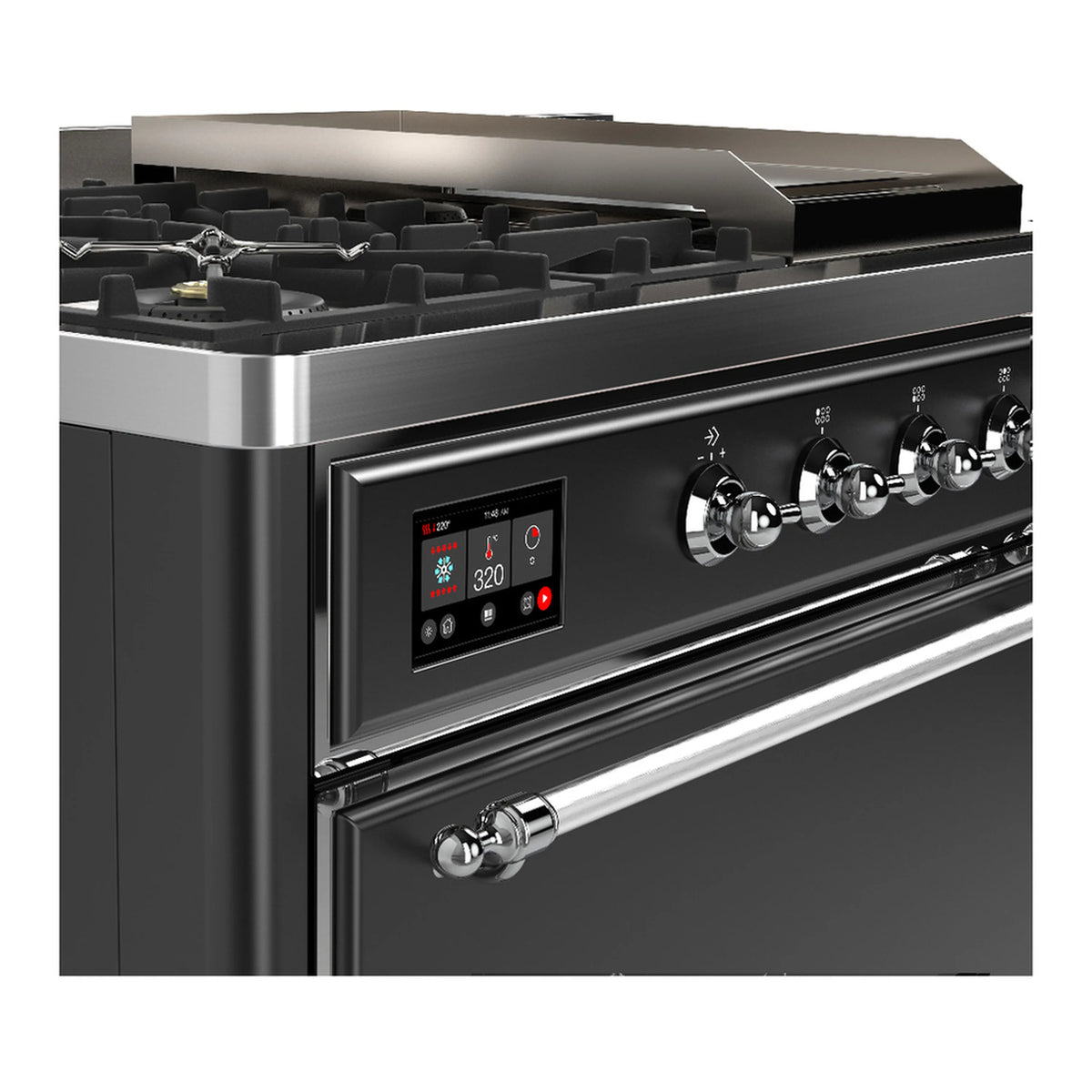 Dual fuel range control panel with knobs, display, and chrome control trim