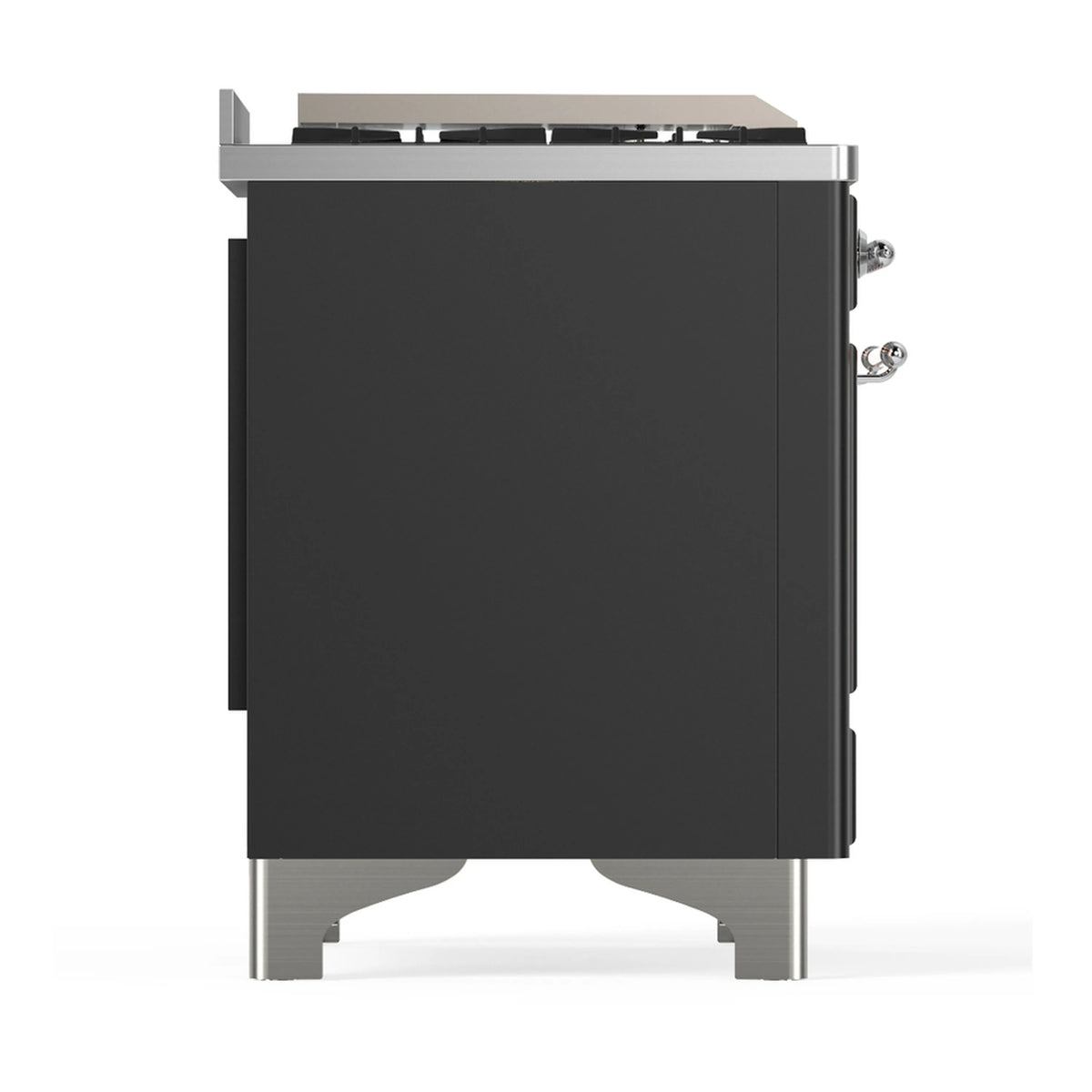 Graphite matte rear side panel of a dual fuel range with chrome-capped feet