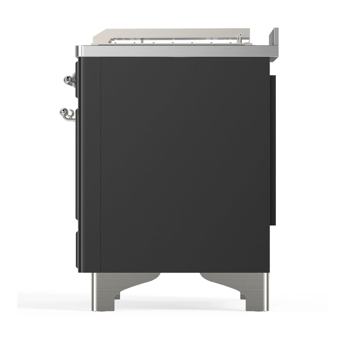 Graphite matte side panel of a dual fuel range with chrome-capped support feet