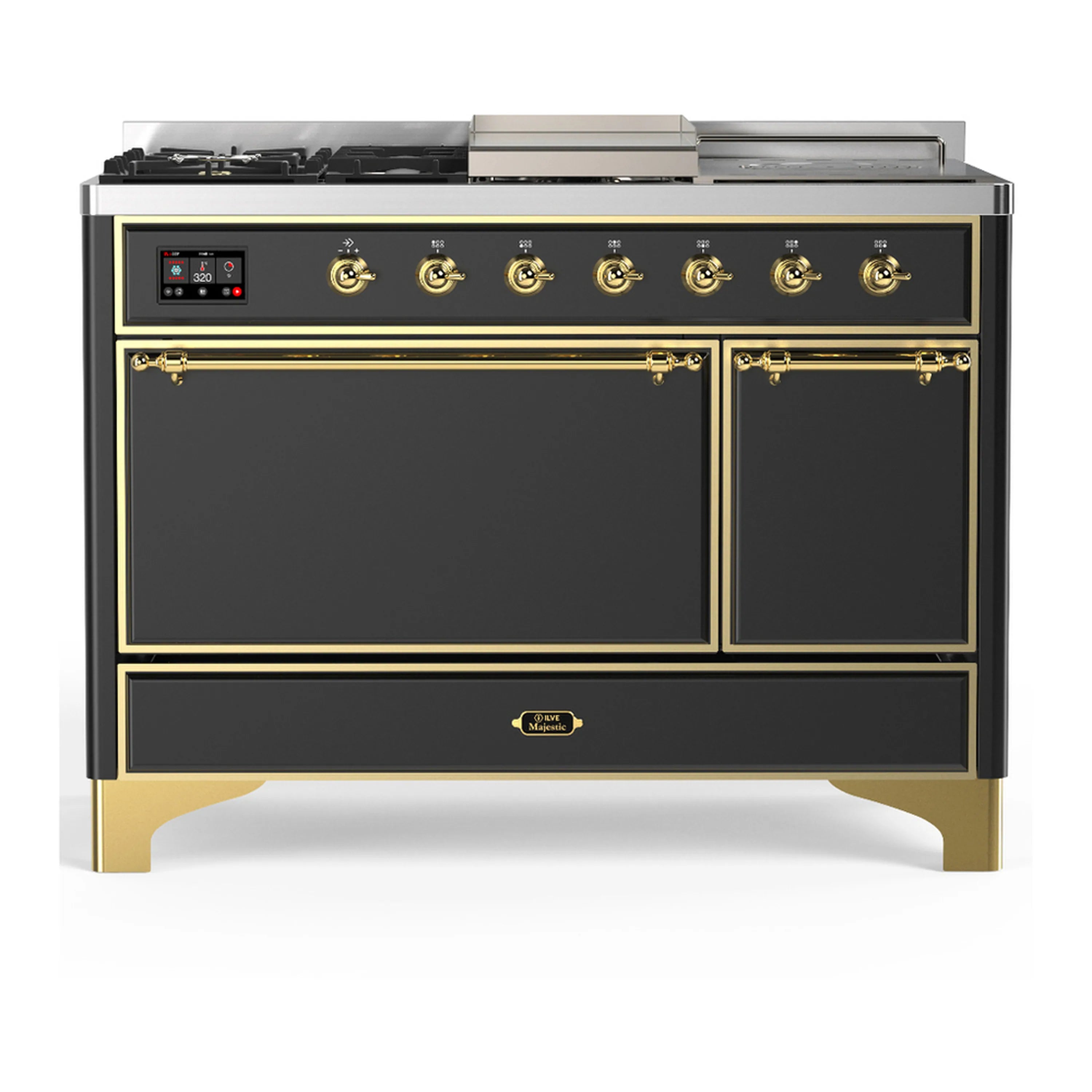 Graphite dual fuel range with brass-trim control panel and two solid oven doors