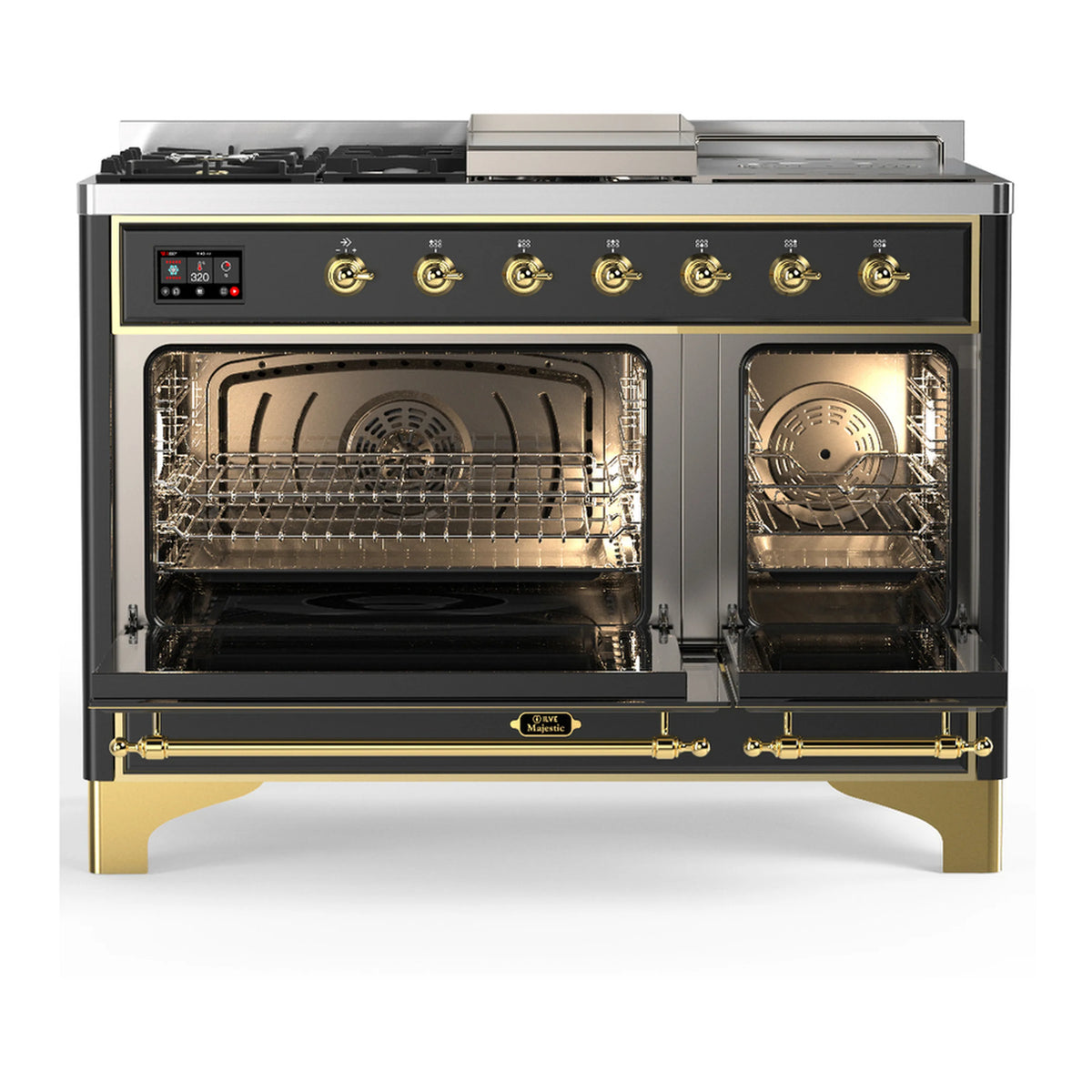 Graphite matte dual fuel range with brass trim, open oven doors, and visible interior racks