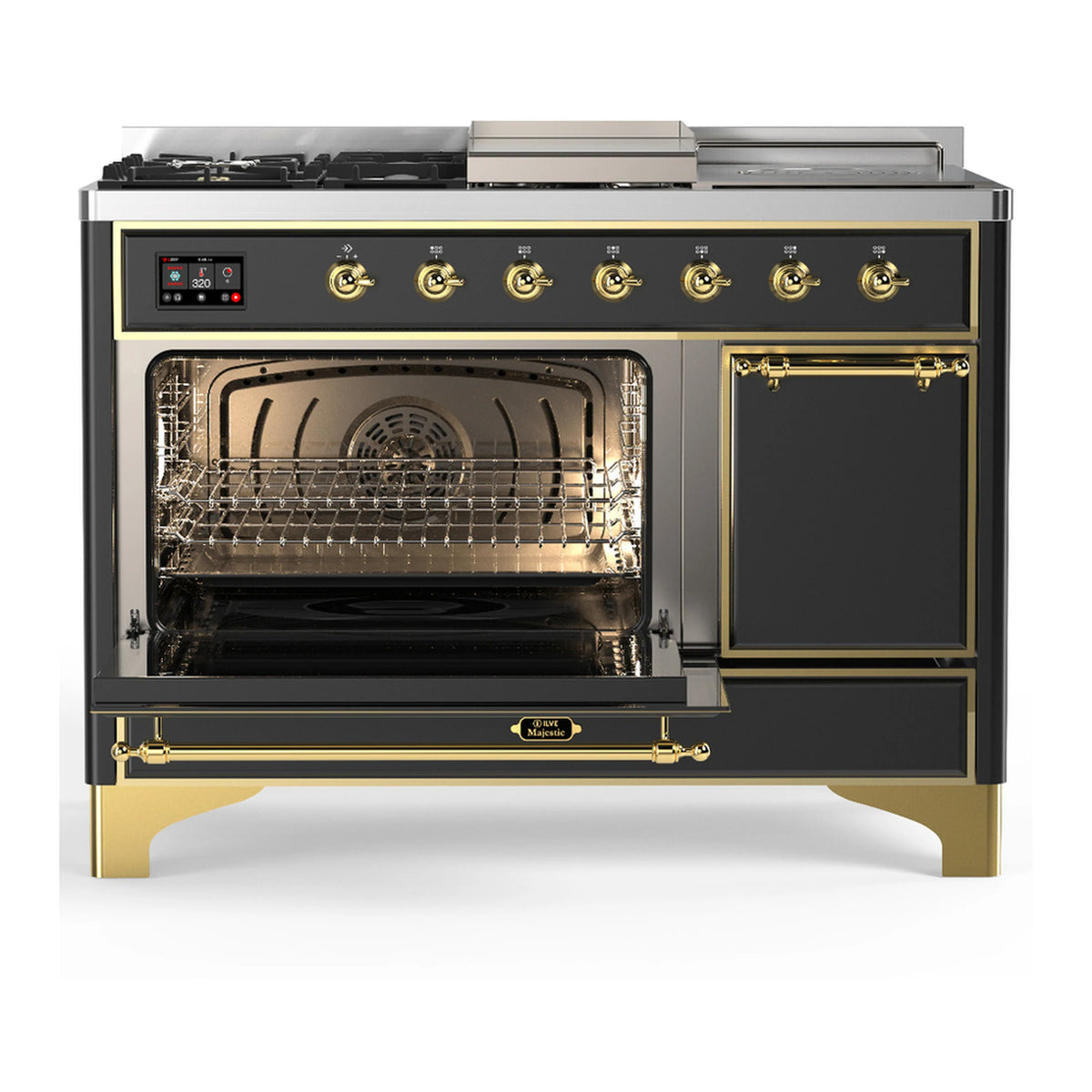 Graphite range with left oven door open, showing oven racks and heating area