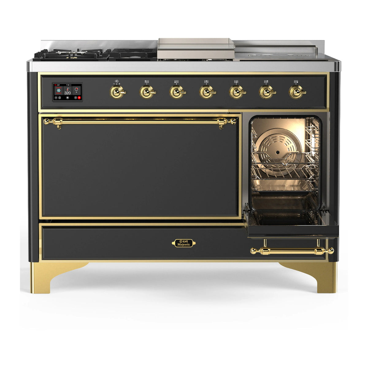 Graphite dual oven range with right oven door open and brass handle trim