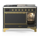 ILVE Majestic III 48-inch Dual Fuel Range with 5 Liquid Propane Burner, Griddle, French Top and Solid Door Electric Oven in Graphite Matte with Brass Trim (UM48FSQNR3MGGLP)