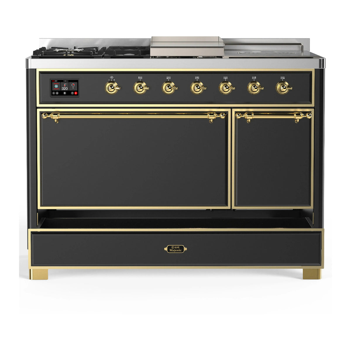Graphite dual fuel range with two solid oven doors closed and brass trim