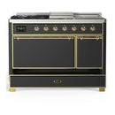 ILVE Majestic III 48-inch Dual Fuel Range with 5 Liquid Propane Burner, Griddle, French Top and Solid Door Electric Oven in Graphite Matte with Brass Trim (UM48FSQNR3MGGLP)