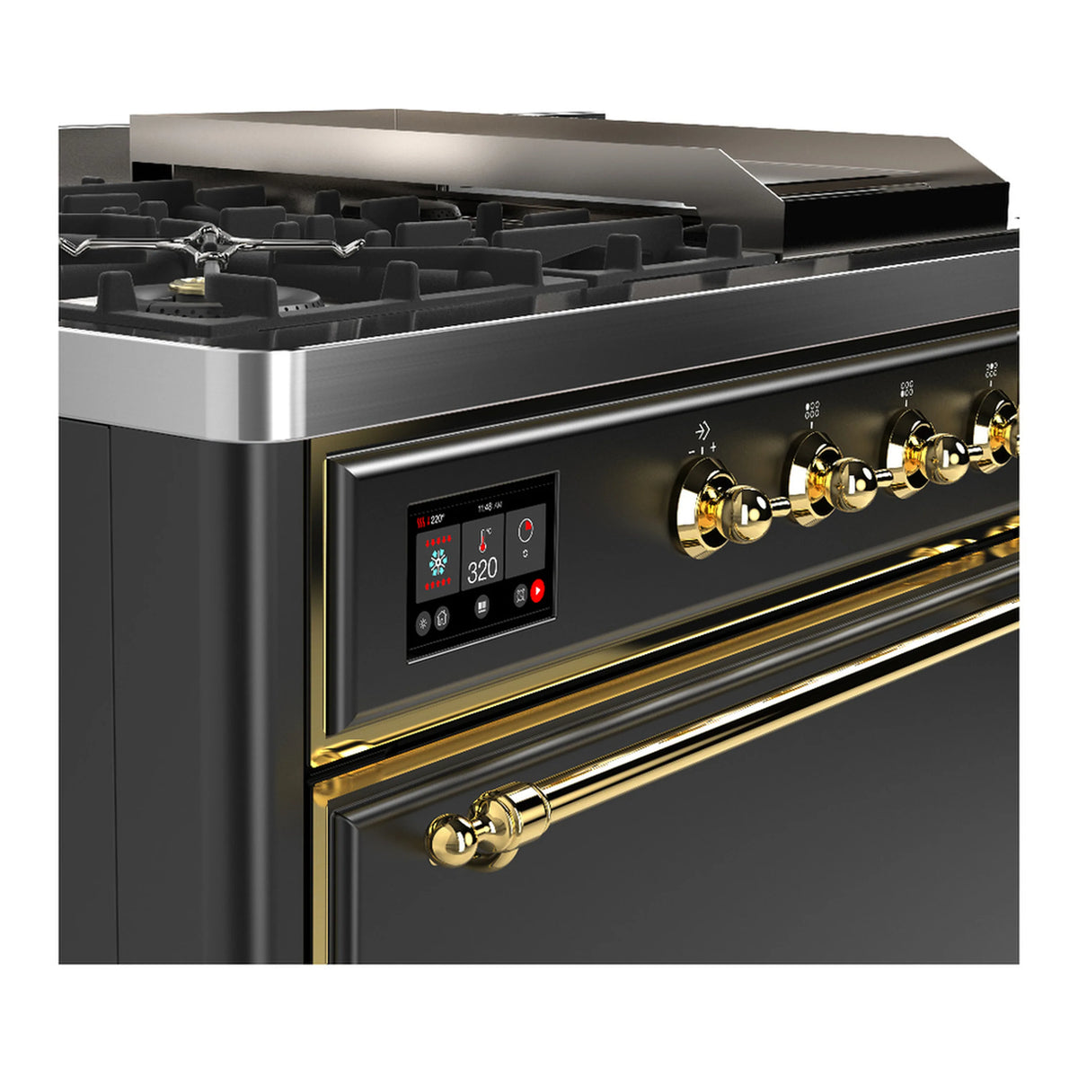 Dual fuel range front close-up with brass knobs and digital control display