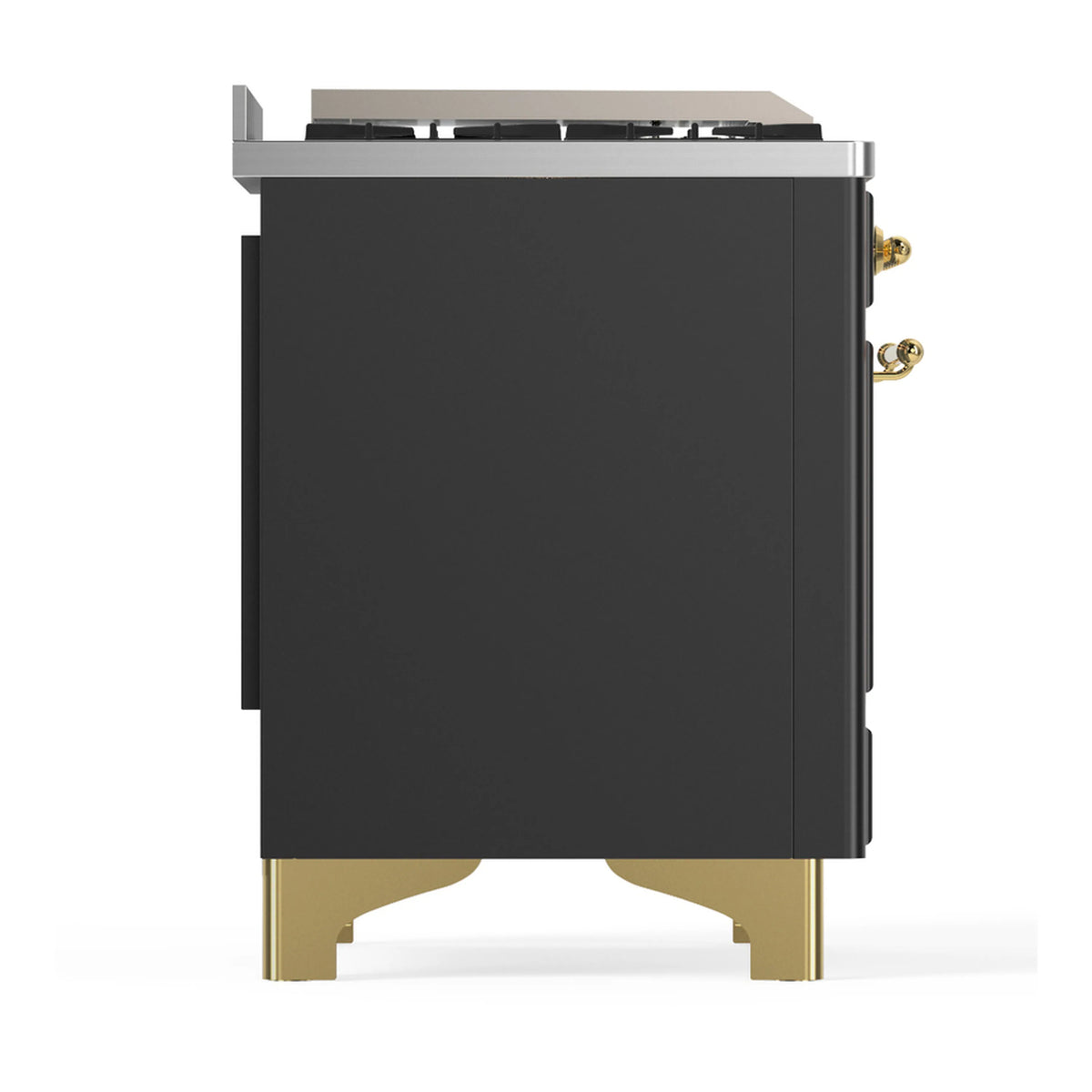 Graphite range side panel with brass legs and rear controls