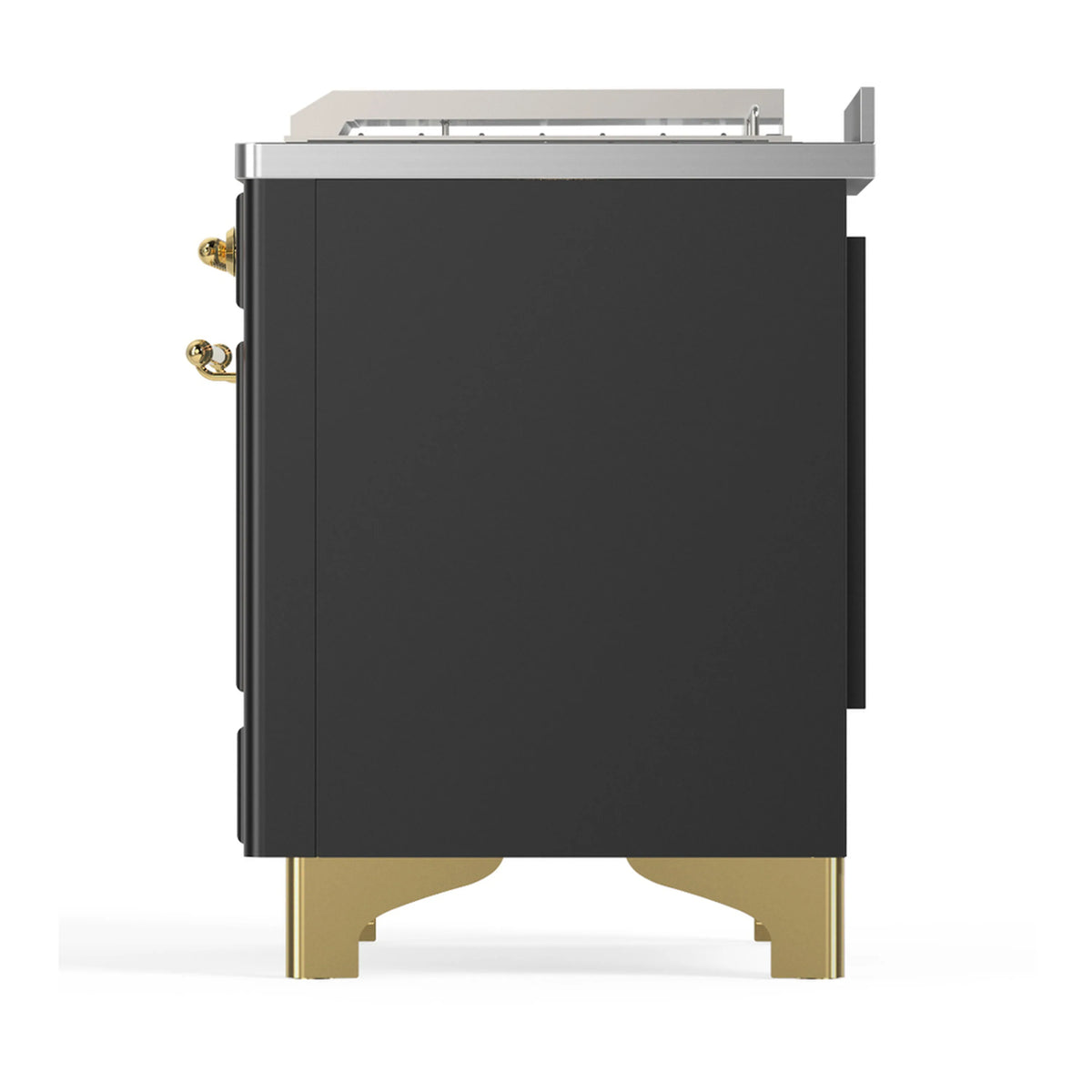 Graphite matte dual fuel range rear side panel with brass trim and rear ports