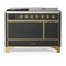 ILVE Majestic III 48-inch Dual Fuel Range with 5 Natural Gas Burner, Griddle, French Top and Solid Door Electric Oven in Graphite Matte with Brass Trim (UM48FSQNR3MGG)