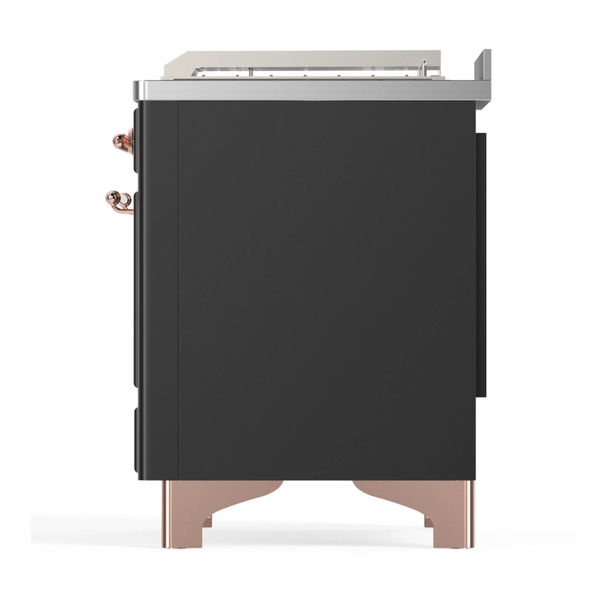 Graphite matte dual fuel range with solid oven door and copper-trim side edges