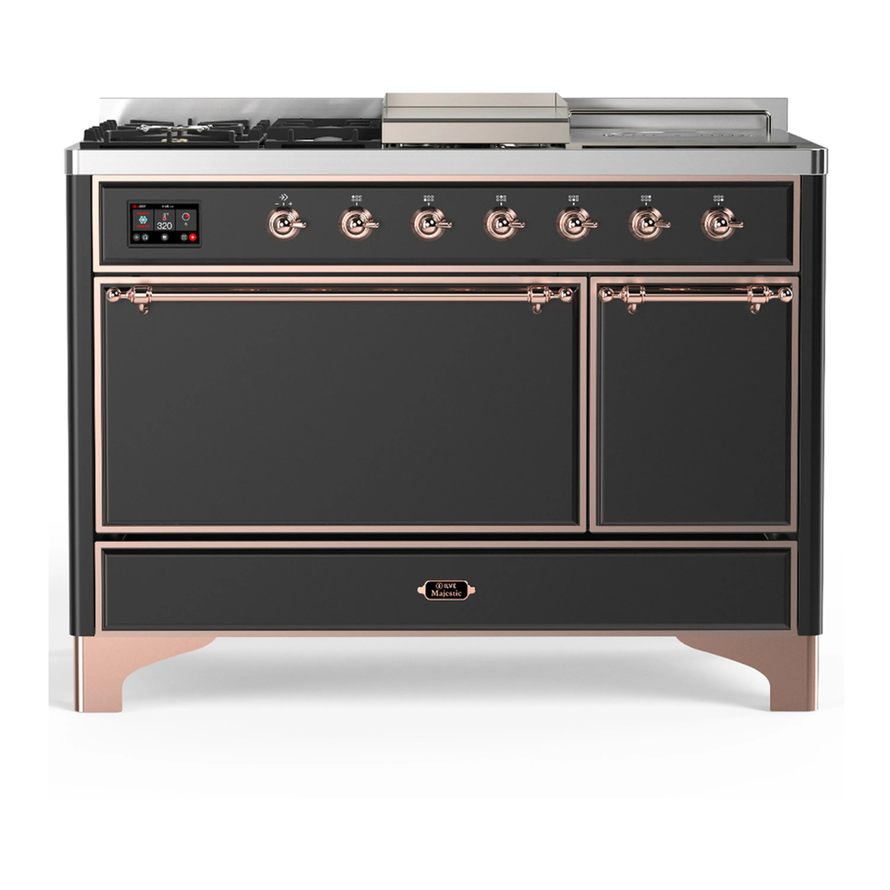 Graphite matte dual fuel range with two solid oven doors, control knobs, and copper trim