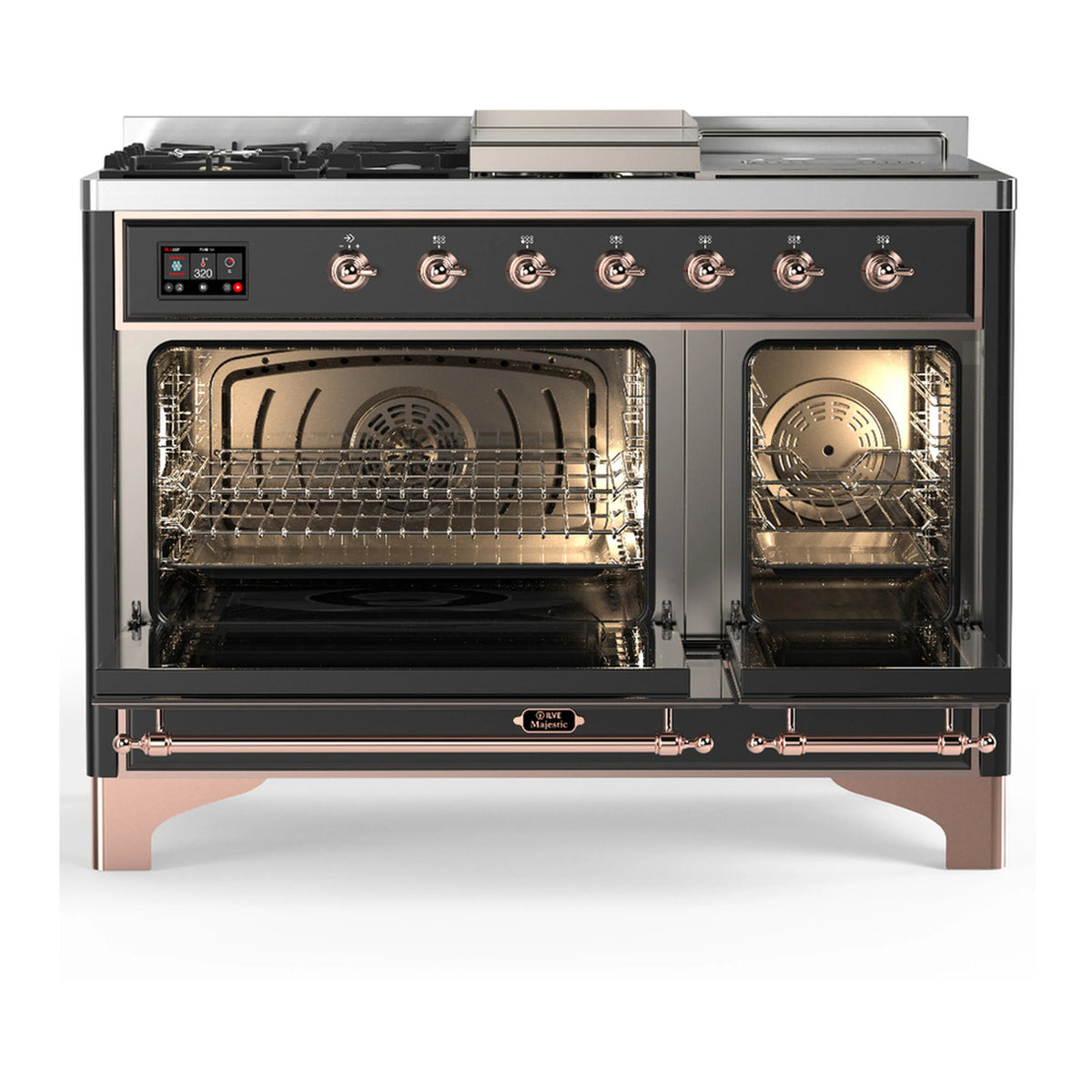 Dual fuel range with open oven cavities and racks, graphite matte body, copper-trim handles