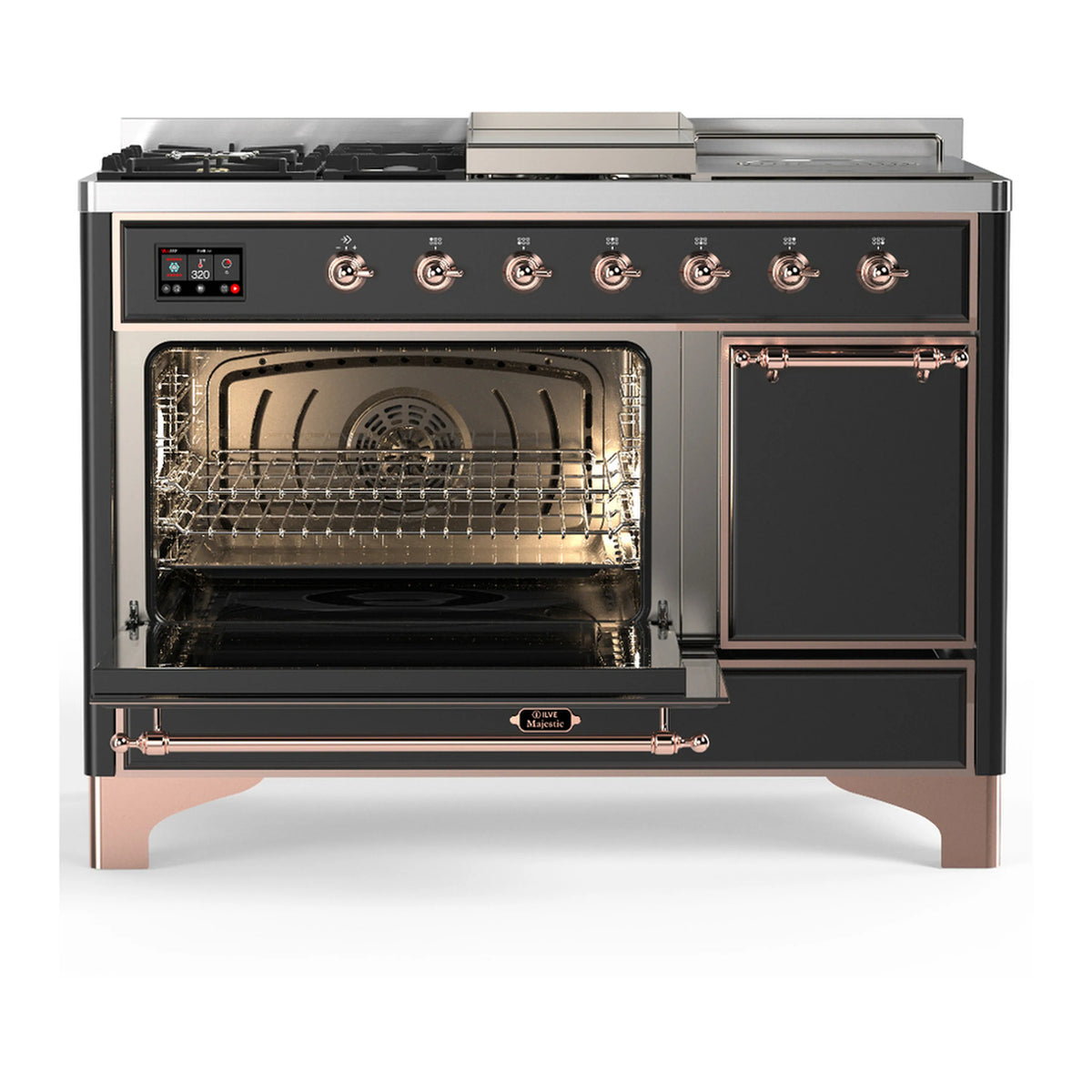 Dual fuel range with one oven door open, other door closed, graphite matte and copper-trim