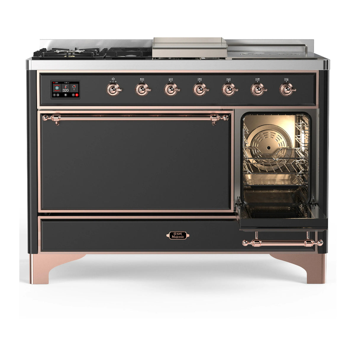 Dual fuel range with open oven cavity, graphite matte panels, copper-trim handles and knobs