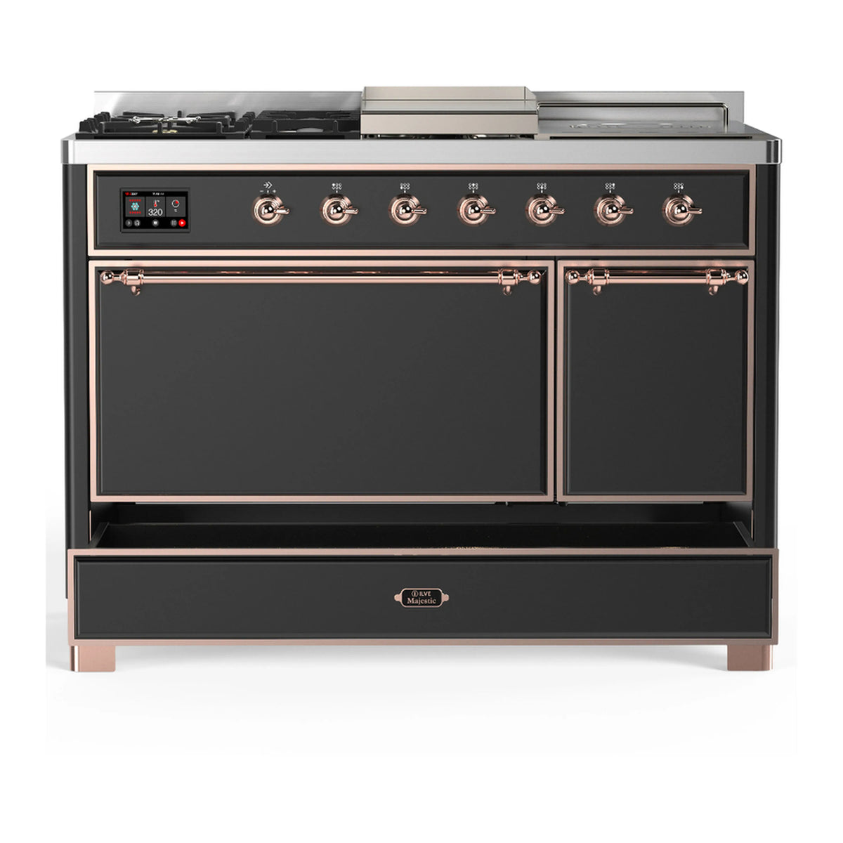Graphite matte dual fuel range with two closed oven doors and bottom drawer, copper trim