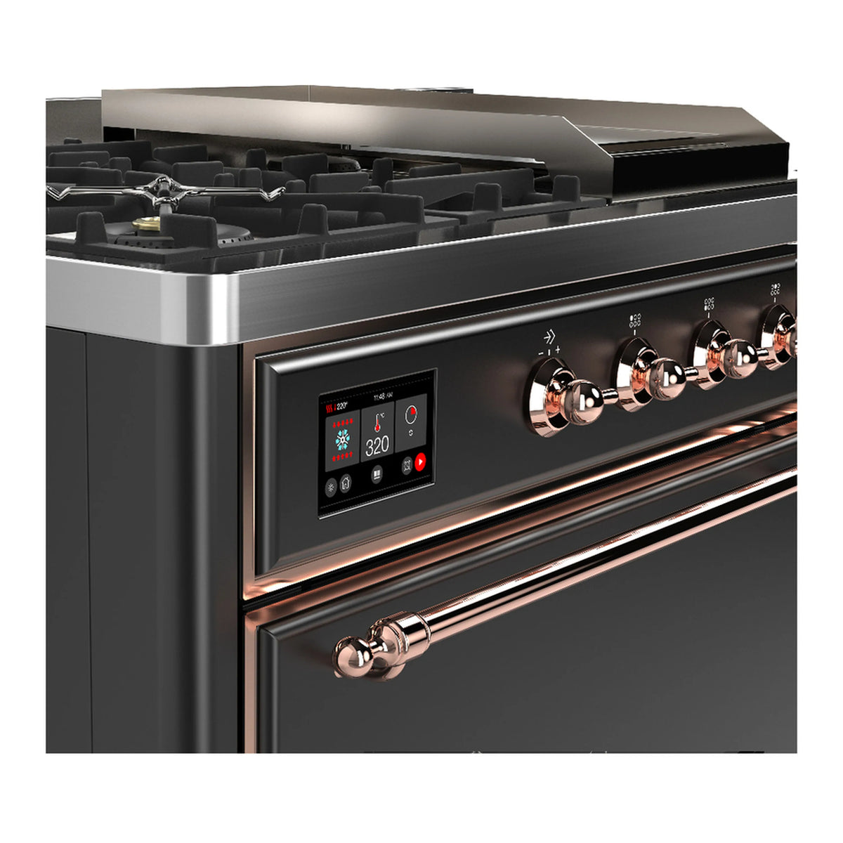 Dual fuel range control panel with digital display and burner knobs, graphite matte, copper accents