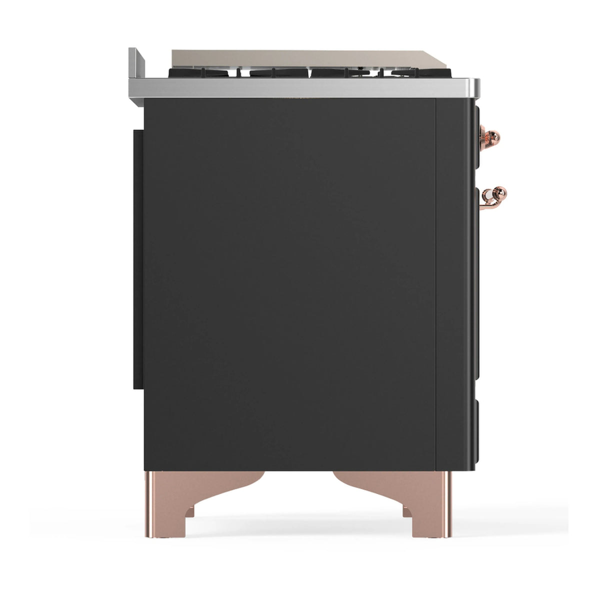 Graphite matte dual fuel range with solid rear panel and copper-trim side edges