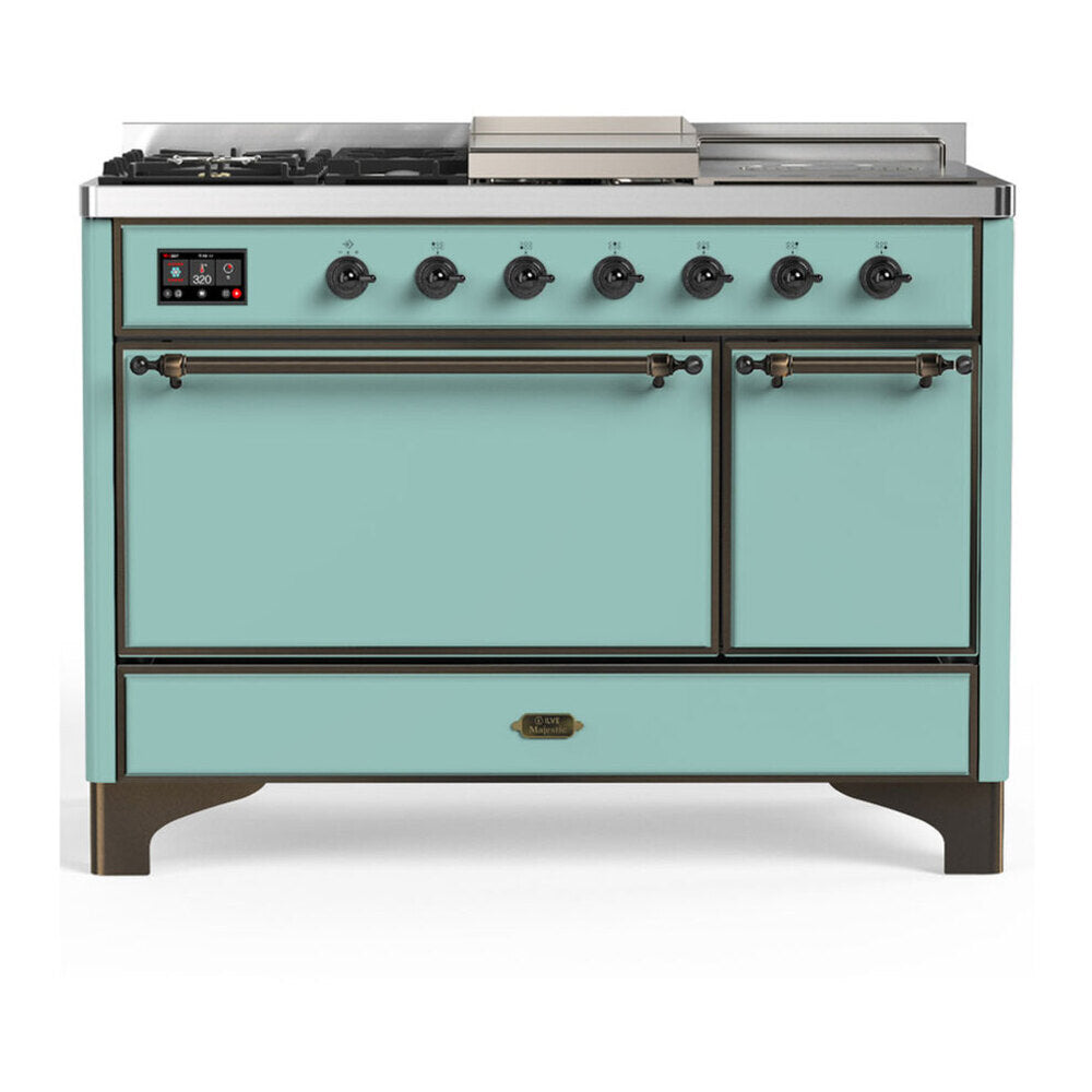 ILVE Majestic III 48-inch Dual Fuel Range with 5 Liquid Propane Burner, Griddle, French Top and Solid Door Electric Oven in Mediterranean Mint with Burnished Trim (UM48FSQNR3MMBLP)
