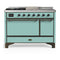 ILVE Majestic III 48-inch Dual Fuel Range with 5 Natural Gas Burner, Griddle, French Top and Solid Door Electric Oven in Mediterranean Mint with Burnished Trim (UM48FSQNR3MMB)