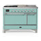 ILVE Majestic III 48-inch Dual Fuel Range with 5 Natural Gas Burner, Griddle, French Top and Solid Door Electric Oven in Mediterranean Mint with Chrome Trim (UM48FSQNR3MMC)