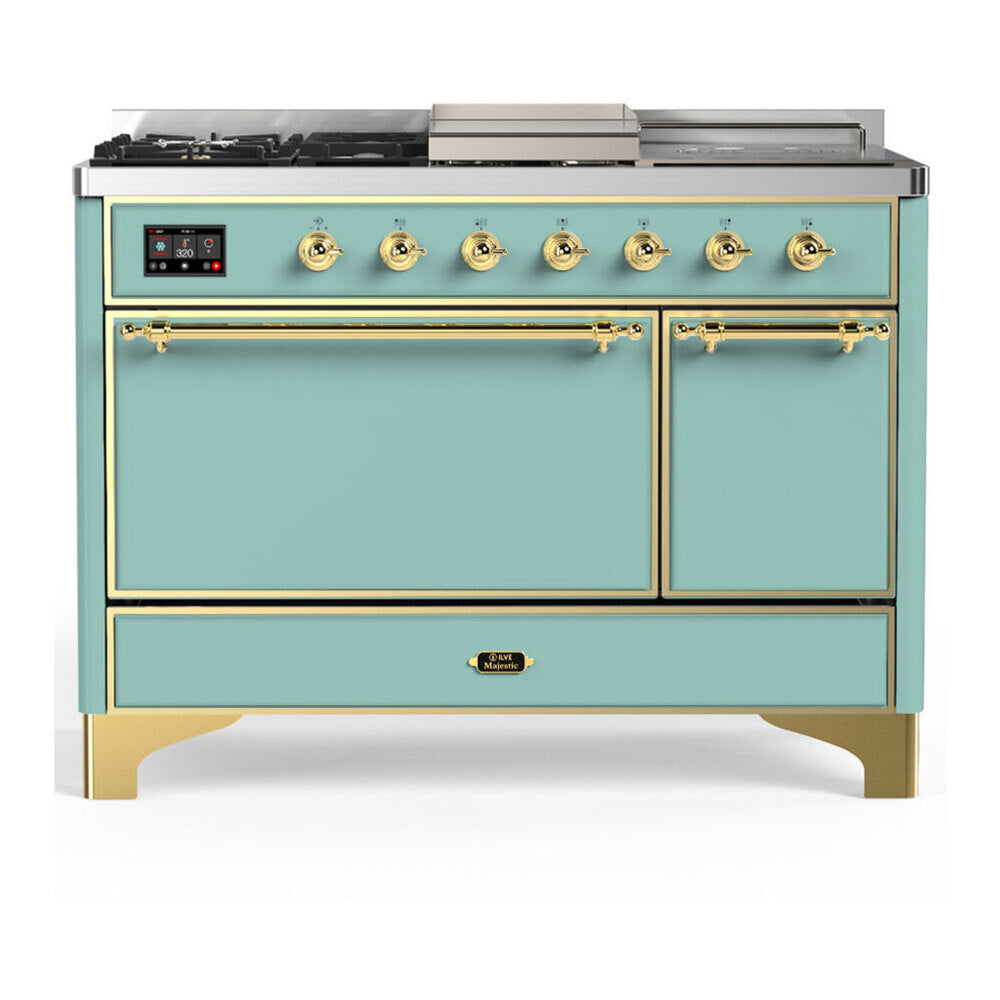 ILVE Majestic III 48-inch Dual Fuel Range with 5 Liquid Propane Burner, Griddle, French Top and Solid Door Electric Oven in Mediterranean Mint with Brass Trim (UM48FSQNR3MMGLP)