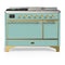 ILVE Majestic III 48-inch Dual Fuel Range with 5 Liquid Propane Burner, Griddle, French Top and Solid Door Electric Oven in Mediterranean Mint with Brass Trim (UM48FSQNR3MMGLP)