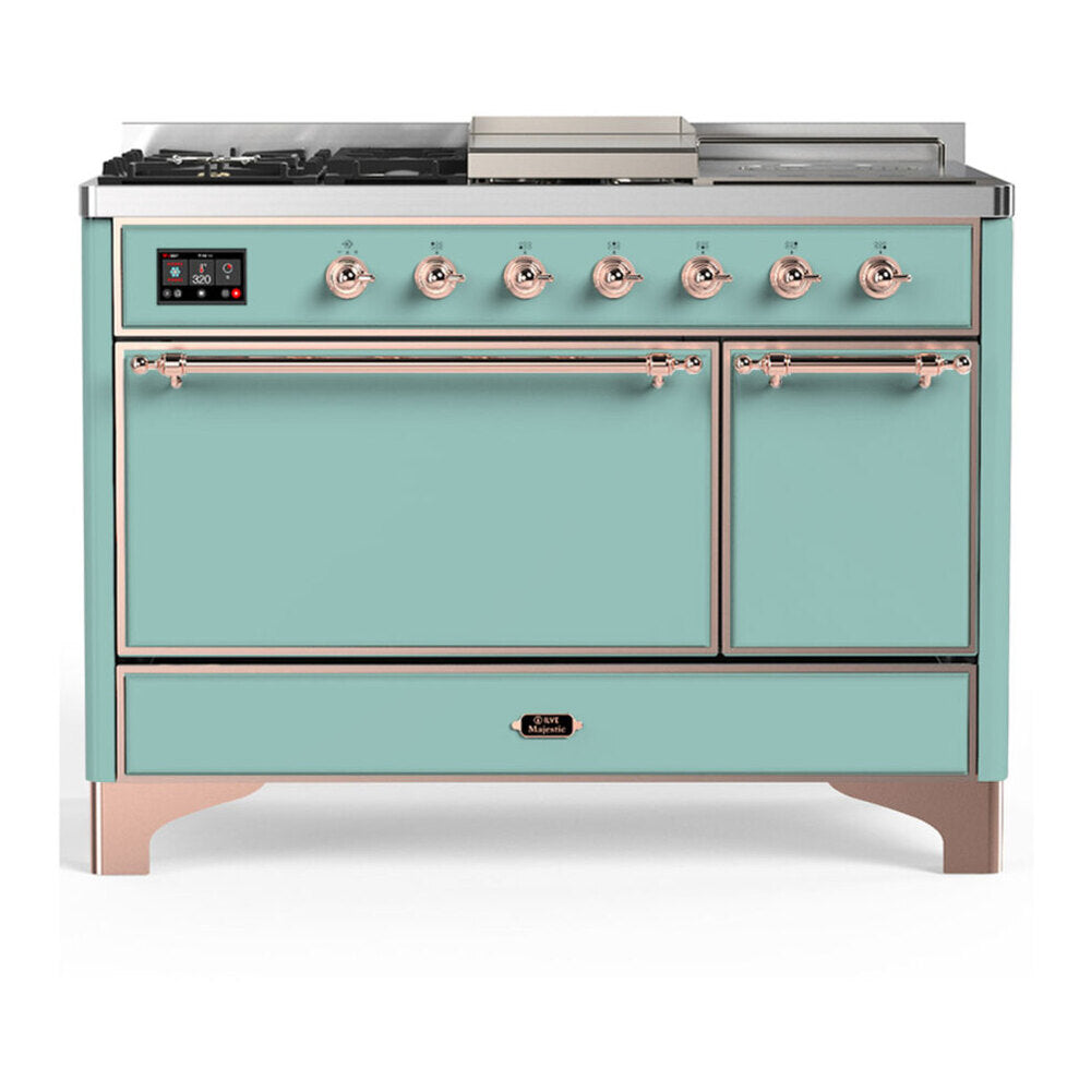 ILVE Majestic III 48-inch Dual Fuel Range with 5 Natural Gas Burner, Griddle, French Top and Solid Door Electric Oven in Mediterranean Mint with Copper Trim (UM48FSQNR3MMP)