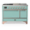 ILVE Majestic III 48-inch Dual Fuel Range with 5 Natural Gas Burner, Griddle, French Top and Solid Door Electric Oven in Mediterranean Mint with Copper Trim (UM48FSQNR3MMP)