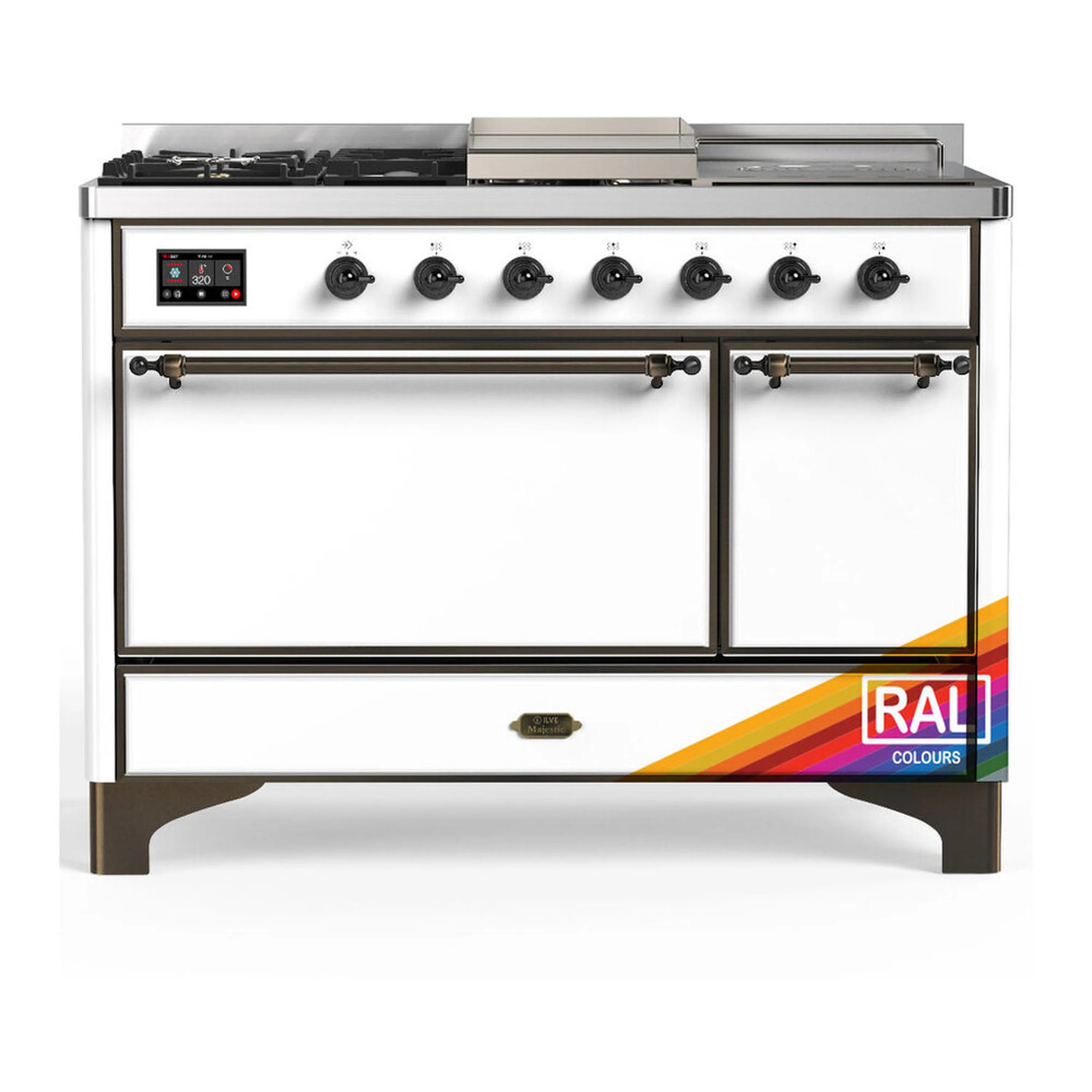 ILVE dual fuel range with French top, griddle, and solid door electric oven