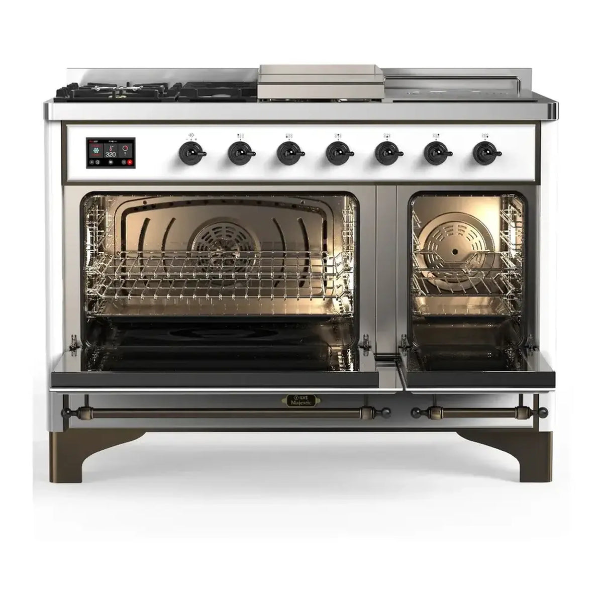ILVE dual fuel range with oven door open, showing interior racks and burners