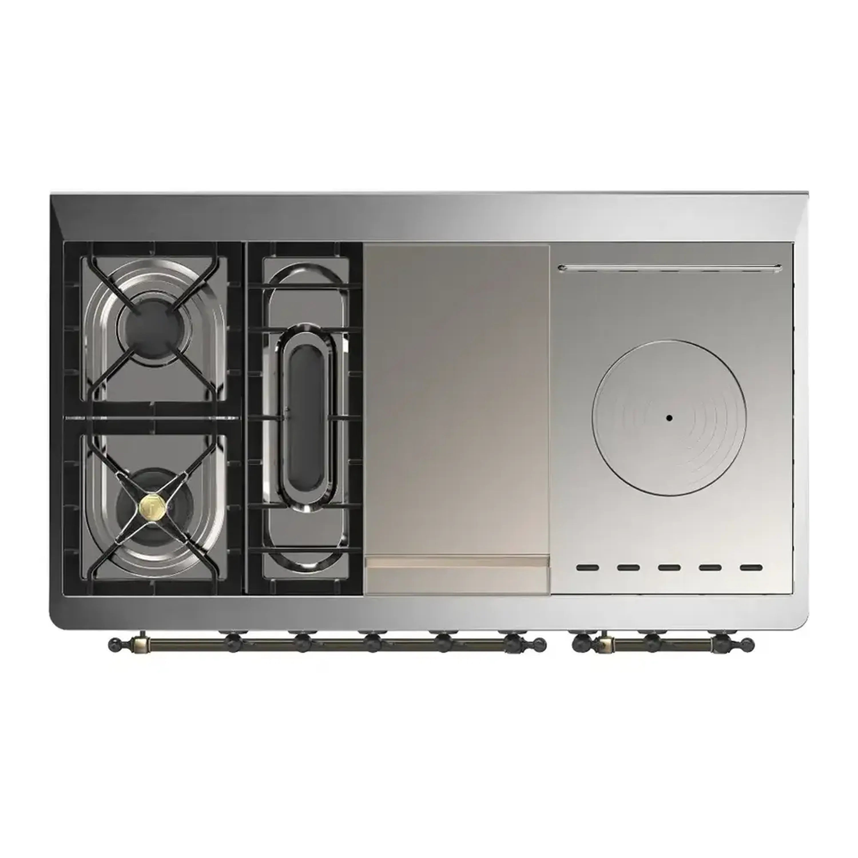 ILVE dual fuel range side view with burner grates and circular oven compartment