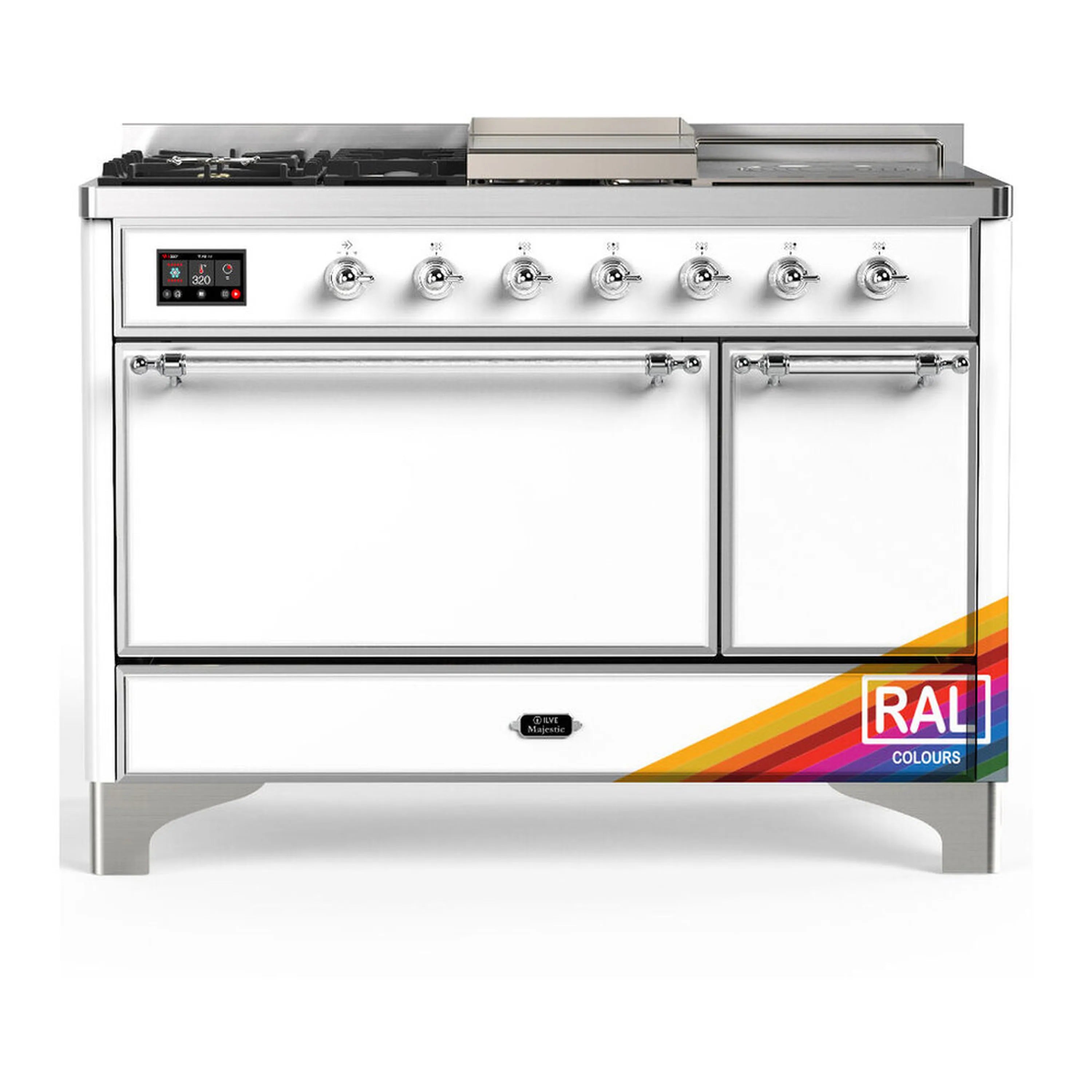 Dual fuel range with stainless front, black burner grates, and chrome control knobs
