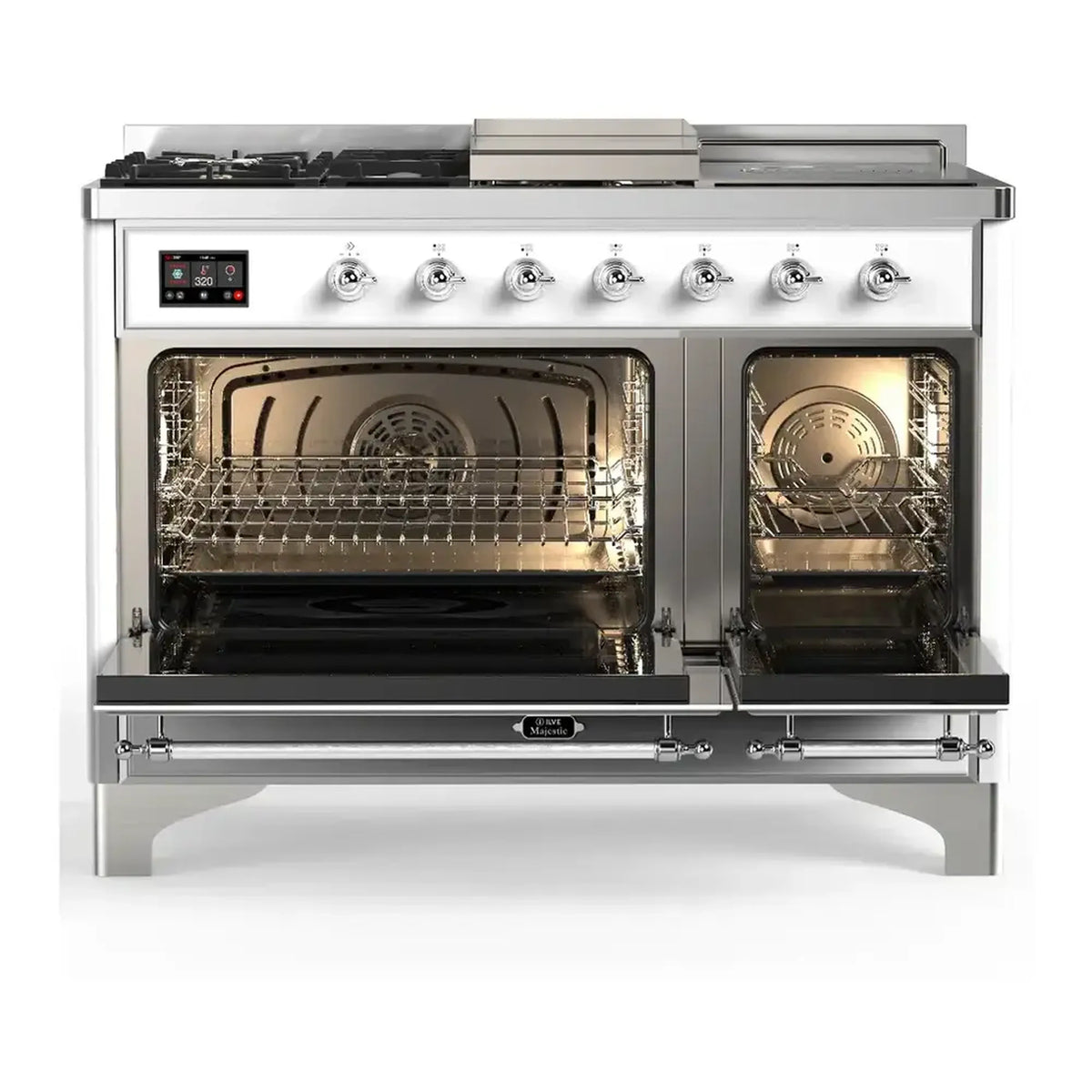 Stainless dual fuel range with oven doors open, showing two interior racks